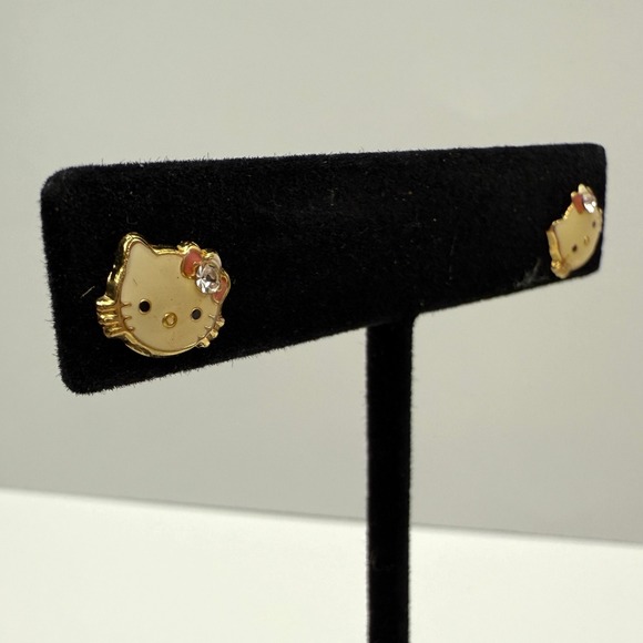 Hello Kitty Earrings Gold Tone Enamel Stud Post Rhinestone Bow Kawaii Jewelry - Picture 5 of 7